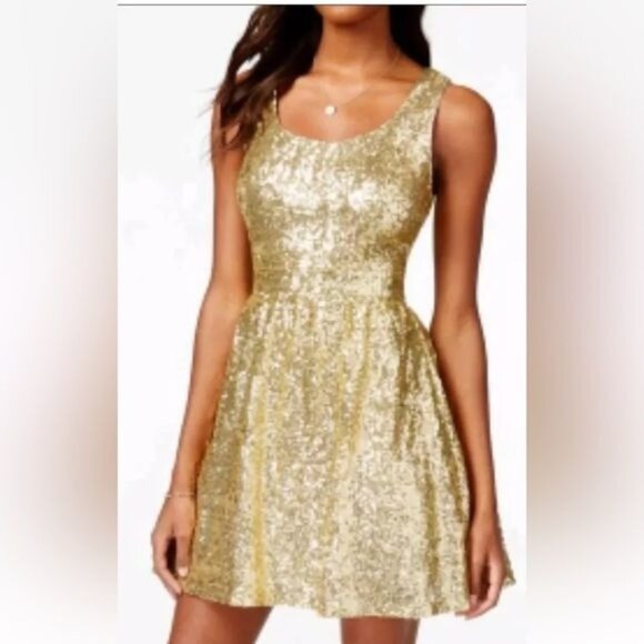 B.DARLIN GOLD SEQUIN MINI DRESS Cut Out/Bow   Prom Party Small - Picture 1 of 9